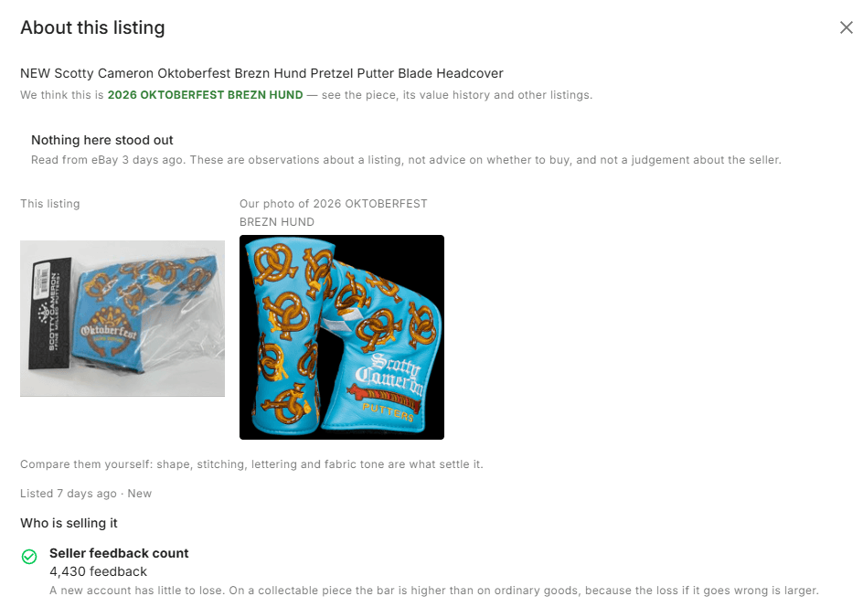 A Scotty Cameron headcover listing shown beside the catalogue reference photo for the same piece